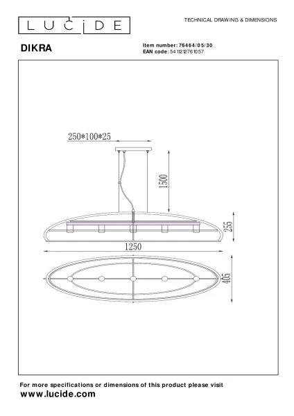 Lucide DIKRA - Hanglamp - 5xE27 - Zwart - technisch